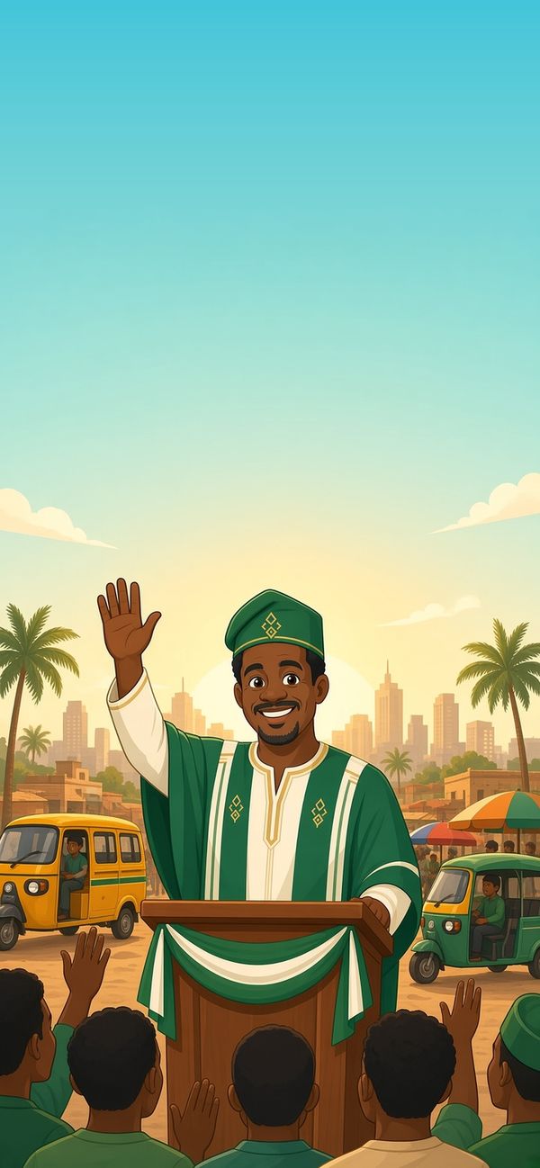 Illustration of a smiling politician in green agbada waving from a podium to a crowd, with keke napep and a city skyline behind